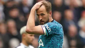 Harry Kane reacts during Tottenham’s 6-1 loss to Newcastle (Owen Humphreys/PA)