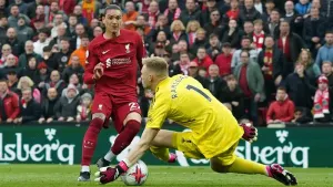 Aaron Ramsdale saves from Liverpool’s Darwin Nunez late on (Nick Potts/PA)