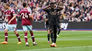 Bukayo Saka missed a penalty as Arsenal surrendered a 2-0 lead to West Ham (Adam Davy/PA)