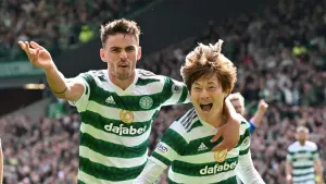 Celtic’s Kyogo Furuhashi (right) celebrates scoring their side’s second goal of the game during the cinch Premiership match 