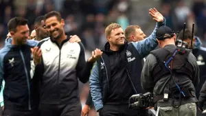 Newcastle boss Eddie Howe (centre) is looking no further ahead than Thursday’s Premier League trip to Everton (Owen Humphrey