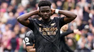 Arsenal’s Bukayo Saka reacts to his missed penalty at West Ham (Adam Davy/PA).