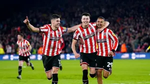 Sheffield United’s Anel Ahmedhodzic (centre) celebrates scoring 