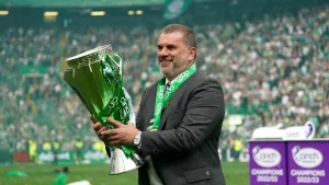 Celtic manager Ange Postecoglou with another trophy (Andrew Milligan/PA)