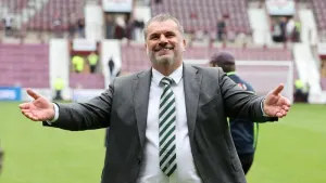 Ange Postecoglou celebrates his second Celtic title success (PA)