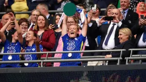 Chelsea’s Erin Cuthbert lifts the Women’s FA Cup last season (Mike Egerton/PA)