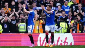 Rangers’ James Tavernier (right) and Nicolas Raskin after beating Celtic 