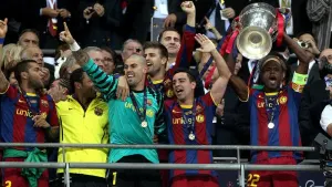 Barcelona players celebrate their Champions League triumph after beating Manchester United in the Wembley final on this day 