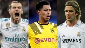 Jude Bellingham (centre) joins an esteemed group including Gareth Bale and David Beckham (PA)