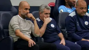 Juanma Lillo, centre, fills in for Pep Guardiola, left, this weekend (Nick Potts/PA)