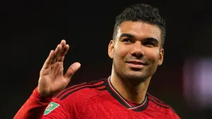 Casemiro celebrates after starring in Manchester United’s win (Martin Rickett/PA)