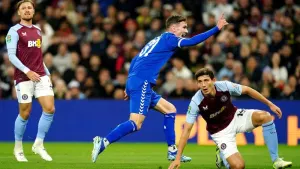 Everton’s James Garner celebrates his opener at Aston Villa (Nick Potts/PA)