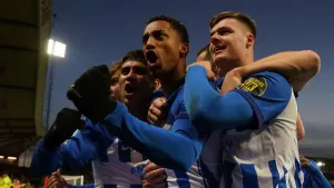 Brighton and Hove Albion’s Joao Pedro (centre) 