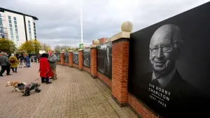 A picture of Manchester United and England great Sir Bobby Charlton outside Old Trafford (David Davies/PA)