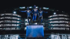 A Statue paying tribute to Francis Lee, Colin Bell and Mike Summerbee of Manchester City at The Etihad Stadium on November 2