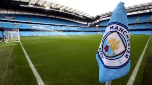 Manchester City club badge on the corner flag before the Premier League match at the Etihad Stadium, Manchester.