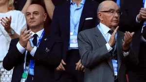 Former Tottenham owner Joe Lewis, right, in the stands with chairman Daniel Levy, left (Mike Egerton/PA)
