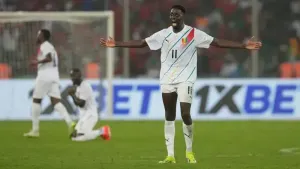 Guinea’s Mohamed Bayo reacts after scoring the winning goal during the Africa Cup of Nations match against Equatorial Guinea