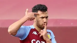 Aston Villa’s Trezeguet celebrates scoring their side’s second goal of the game during the Premier League match at Villa Par