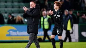 Brendan Rodgers applauds the fans at Easter Road (Jane Barlow/PA)