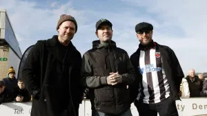 Keith Duffy and Shane Lynch of Boyzone with Brian McFadden of Westlife ahead of the FA Trophy fifth round match at Victory P