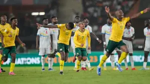 South Africa celebrate their penalty shoot-out win over DR Congo (Sunday Alamba/AP)