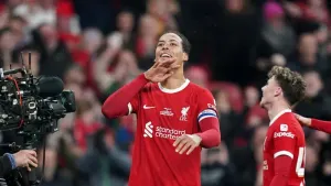 Virgil van Dijk celebrates after scoring the winner (Adam Davy/PA)
