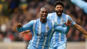 Coventry’s Haji Wright celebrates scoring their third goal (Mike Egerton/PA)