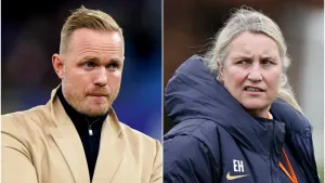 Jonas Eidevall (left) has been accused of ‘male aggression’ by Emma Hayes (right) (PA Images)