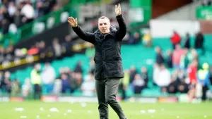 The Celtic manager greets the crowd after a 3-0 win (Jane Barlow/PA)