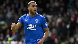 Cyriel Dessers celebrates after scoring Rangers’ winner (Euan Cherry/PA)