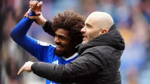Leicester manager Enzo Maresca celebrates with Hamza Choudhury after the 2-1 win over West Brom (Mike Egerton/PA).