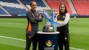 Rangers boss Jo Potter and Celtic boss Elena Sadiku at Hampden Park (Ronnie Esplin/PA)