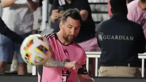 Inter Miami forward Lionel Messi takes a corner kick against Nashville SC during the first half of an MLS soccer match (Mart