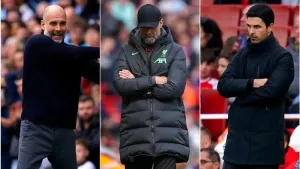 Pep Guardiola, left, took the upper hand on Jurgen Klopp, centre, and Mikel Arteta this weekend (Martin Rickett/Peter Byrne/