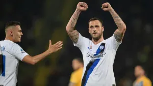 Inter Milan’s Marko Arnautovic celebrates scoring his side’s third goal against Frosinone (Alfredo Falcone/LaPresse via AP)