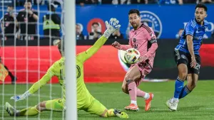 Inter Miami forward Lionel Messi (centre) left the field briefly in the first half (Graham Hughes/AP)