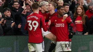 Scott McTominay, left, Alejandro Garnacho, second left, and Marcus Rashford, right, were among Manchester United’s academy c