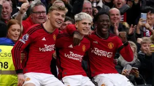 Alejandro Garnacho, centre, and Kobbie Mainoo, right, are part of a young United core (Martin Rickett/PA)