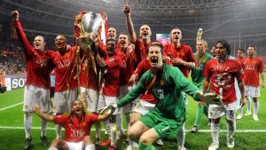 Manchester United celebrate winning the Champions League in Moscow (Owen Humphreys/PA)