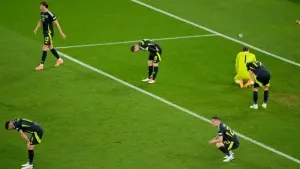 Scotland’s players show their dejection after losing 1-0 to Hungary, which ended their participation at Euro 2024 (Bradley C