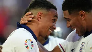 Trent Alexander-Arnold (left) celebrates with Jude Bellingham (Adam Davy/PA)