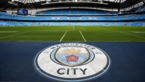 Manchester City club badge pitchside before the Premier League match at the Etihad Stadium, Manchester.