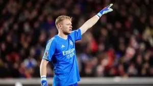 Arsenal goalkeeper Aaron Ramsdale during the Premier League match at Gtech Community Stadium, London. Picture date: Saturday