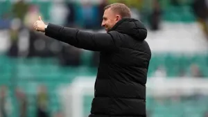 Celtic manager Brendan Rodgers gestures towards the fans after the Premier Sports Cup, quarter-final match at Celtic Park, G