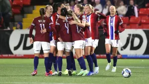 Norway’s Tuva Hansen, centre, celebrates with her team-mates after scoring her side’s second goal against Northern Ireland (