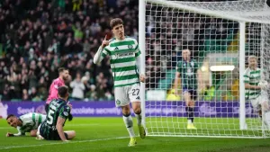 Celtic’s Arne Engels scores the opener against Hibernian (Andrew Milligan/PA)