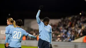 Khadija Shaw marked her two goals against Manchester City with a Black Power salute (Martin Rickett/PA)
