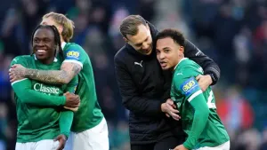 Plymouth celebrate their upset of Liverpool (Adam Davy/PA)
