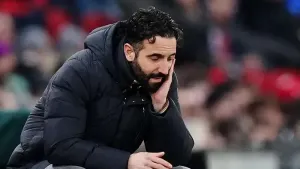 Manchester United manager Ruben Amorim reacts on the touchline during the UEFA Europa League, league stage match at Old Traf